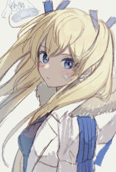 Rule 34 | 1girl, :/, :d, bandaid, bandaid on cheek, bandaid on face, black bodysuit, blonde hair, blue eyes, blush, bodysuit, chibi, chibi inset, closed mouth, coat, from side, fur collar, goddess of victory: nikke, laplace (nikke), long hair, looking at viewer, looking to the side, open clothes, open coat, open mouth, shimada (smd dms), sidelocks, simple background, smile, twintails, upper body, white background, white coat
