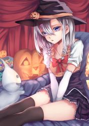 Rule 34 | 1girl, absurdres, black thighhighs, blue eyes, bow, braid, buttons, candy, commentary request, curtains, food, food-themed hair ornament, ghost, glowing, hair between eyes, hair ornament, hair tubes, halloween, happy halloween, hat, highres, jack-o&#039;-lantern, jack-o&#039;-lantern hair ornament, looking at viewer, mizuiro raika, original, pumpkin hair ornament, red bow, shirt, short sleeves, silver hair, sitting, solo, thighhighs, v arms, white shirt, witch hat