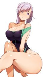 Rule 34 | 1girl, bare shoulders, black one-piece swimsuit, blue eyes, blue one-piece swimsuit, blush, breasts, chestnut mouth, cleavage, colored eyelashes, competition swimsuit, fate/grand order, fate (series), from side, grey background, hair down, head tilt, highleg, highleg swimsuit, highres, invisible chair, kneepits, large breasts, legs together, long hair, miyamoto musashi (fate), miyamoto musashi (fate/grand order), miyamoto musashi (swimsuit berserker) (fate), miyamoto musashi (swimsuit berserker) (first ascension) (fate), off shoulder, one-piece swimsuit, open mouth, pink hair, simple background, sitting, skin tight, solo, swept bangs, swimsuit, thighs, tokiwa midori (kyokutou funamushi), two-tone swimsuit, wide hips
