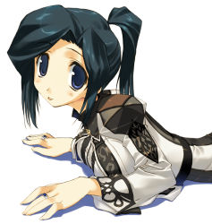 Rule 34 | 00s, 1girl, :p, amazuyu tatsuki, black hair, blue eyes, blush, breasts, final fantasy, final fantasy xi, jewelry, lying, on stomach, ponytail, ring, short hair, simple background, solo, tongue, tongue out