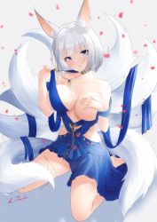 Rule 34 | 1girl, :d, animal ears, azur lane, bare legs, bare shoulders, blue dress, blue eyes, blush, breasts, clothes pull, covered erect nipples, dress, dress pull, fox ears, fox girl, fox tail, full body, grin, groin, hand on own chest, hands up, head tilt, kaga (azur lane), kaga (exalted white wings) (azur lane), kitsune, kneeling, large breasts, legs apart, lukas reule, medium breasts, medium hair, multiple tails, no bra, one breast out, open mouth, parted lips, petals, pulling own clothes, smile, solo, spread legs, strap pull, tail, teasing, undressing, upskirt, white hair