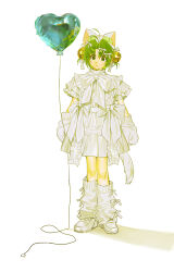 Rule 34 | 1girl, :&lt;, absurdres, ahoge, animal ears, animal hat, balloon, bell, cat ears, cat hat, cat tail, closed mouth, dejiko, di gi charat, dress, dress ribbon, frilled dress, frills, gloves, green eyes, green hair, hair bell, hair ornament, hair ribbon, hat, heart balloon, highres, holding, holding balloon, jingle bell, looking at viewer, middle part, ribbon, short hair, short sleeves, solo, tail, white background, white dress, white footwear, white gloves, white leg warmers, white ribbon, yatatashira