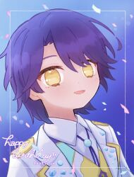 Rule 34 | 1boy, :d, blue background, blue hair, collared shirt, commentary request, confetti, dated, happy birthday, highres, idol time pripara, jacket, looking at viewer, male focus, open mouth, poro (pweedro), pretty series, pripara, shirt, short hair, smile, solo, takase koyoi, upper body, white jacket, white shirt, yellow eyes