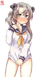 Rule 34 | 1girl, artist logo, asymmetrical hair, blush, clothes pull, commentary request, contrapposto, cosplay, cowboy shot, dated, dress, dress pull, embarrassed, flipped hair, green eyes, headgear, highres, kanon (kurogane knights), kantai collection, long hair, looking at viewer, neckerchief, nose blush, nowaki (kancolle), panties, sailor dress, short dress, silver hair, simple background, solo, speaking tube headset, swept bangs, underwear, white background, white panties, yellow neckerchief, yukikaze (kancolle), yukikaze (kancolle) (cosplay)