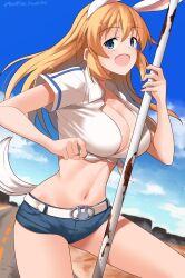 Rule 34 | 1girl, absurdres, animal ears, blue eyes, blue shorts, blush, breasts, charlotte e. yeager, cleavage, highres, hiroshi (hunter-of-kct), large breasts, long hair, looking at viewer, navel, open mouth, orange hair, outdoors, rabbit ears, rabbit girl, rabbit tail, road, short shorts, shorts, sky, smile, solo, strike witches, swimsuit, tail, world witches series