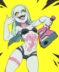 Rule 34 | 1girl, black panties, breasts, colored sclera, cyberpunk (series), cyberpunk edgerunners, green hair, grin, gun, hair down, highres, holding, holding gun, holding weapon, long hair, navel, open mouth, panties, ponaners, rebecca (cyberpunk), red sclera, sharp teeth, shiny skin, small breasts, smile, standing, tattoo, teeth, tongue, tongue out, underwear, underwear only, very long hair, weapon, wide hips, yellow background
