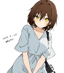 Rule 34 | 1girl, absurdres, bag, bigkwl, brown hair, collarbone, dated, dress, earrings, furutaka (kancolle), glowing, glowing eye, heterochromia, highres, jewelry, kantai collection, looking at viewer, official alternate costume, one-hour drawing challenge, short hair, simple background, solo, v arms, white background, white dress, yellow eyes