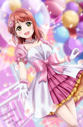Rule 34 | 1girl, artist name, artist request, awakening promise (love live!), balloon, bare legs, beamed quavers, belt, blush, bow, braid, braided bun, breasts, cleavage, collarbone, dress, dress bow, earrings, female focus, flower, frilled dress, frilled skirt, frills, gloves, green eyes, hair bun, hair flower, hair ornament, highres, jewelry, looking at viewer, love live!, love live! nijigasaki high school idol club, love live! school idol festival, miniskirt, necklace, orange hair, parted lips, pearl earrings, pearl necklace, pink belt, pink bow, pink dress, pink flower, pink skirt, pink wrist cuffs, plaid, plaid dress, plaid skirt, pleated, pleated dress, pleated skirt, puffy short sleeves, puffy sleeves, quaver, reaching, reaching towards viewer, red hair, short hair, short sleeves, side bun, single side bun, skirt, skirt under dress, small breasts, smile, solo, sparkle, two-tone dress, uehara ayumu, white dress, white gloves, wrist cuffs, yellow eyes, yellow skirt