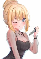 Rule 34 | 1girl, akarinnndesu, black dress, blonde hair, blue eyes, blush, breasts, cleavage, dress, earrings, highres, holding, holding knife, hololive, hololive english, jewelry, knife, large breasts, long sleeves, one eye closed, see-through, simple background, smile, solo, upper body, virtual youtuber, watson amelia, watson amelia (party dress), white background