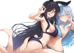 Rule 34 | 2girls, animal ears, ass, bikini, black bikini, black hair, black hairband, blue bikini, blue hair, blush, breasts, closed eyes, closed mouth, commentary request, crossed bangs, embarrassed, fake animal ears, fake tail, hair ornament, hairband, highres, large breasts, looking at viewer, multiple girls, navel, nervous, neshia (tsaqif0309), original, parted lips, purple eyes, rabbit ears, rabbit tail, simple background, smile, swimsuit, tail, teeth, thighs, white background