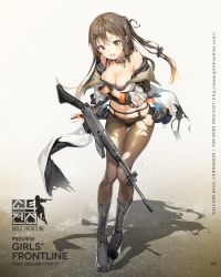 Rule 34 | 1girl, anmi, assault rifle, blush, boots, breasts, brown eyes, brown hair, cleavage, collarbone, cross-laced footwear, fingerless gloves, full body, girls&#039; frontline, gloves, gun, hair ornament, hairclip, highres, jacket, k2 (girls&#039; frontline), knee boots, lace-up boots, logo, long hair, medium breasts, navel, off shoulder, official art, open clothes, open jacket, open mouth, panties, panties under pantyhose, pantyhose, rifle, scar, shadow, simple background, standing, torn clothes, torn legwear, underwear, weapon