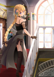 Rule 34 | 1girl, absurdres, black choker, black thighhighs, blonde hair, blue eyes, braid, braided ponytail, breasts, brown footwear, brown gloves, choker, commentary request, day, door, dress, fate/grand order, fate (series), flower, from behind, full body, gloves, grey dress, hair between eyes, hair flower, hair ornament, hand on railing, head tilt, high heels, highres, holding, holding flower, indoors, jeanne d&#039;arc (fate), jeanne d&#039;arc (formal dress) (fate), jeanne d&#039;arc (ruler) (fate), lily (flower), long hair, looking at viewer, looking back, medium breasts, nyoon, plant, potted plant, railing, side slit, single braid, sleeveless, sleeveless dress, smile, solo, stairs, standing, thighhighs, very long hair, window
