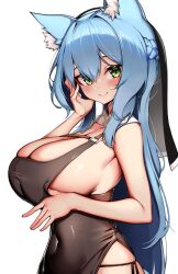 Rule 34 | 1girl, animal ear fluff, animal ears, bare shoulders, black dress, blush, borrowed character, breasts, chest strap, covered navel, dress, fox ears, fox girl, green eyes, habit, highres, huge breasts, kaptivate, long hair, looking at viewer, nun, original, revealing clothes, side slit, sister reine (foxyreine), smile, solo, very long hair, white background