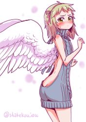 Rule 34 | 1girl, ahoge, angel, angel wings, backless dress, backless outfit, bare arms, bare shoulders, blonde hair, blush, butt crack, closed mouth, cowboy shot, dress, embarrassed, feathered wings, from side, frown, hairband, hitomi sensei no hokenshitsu, looking at viewer, medium hair, meme attire, shake-o, solo, standing, sweatdrop, tobita hina, twitter username, virgin killer sweater, wings, yellow eyes