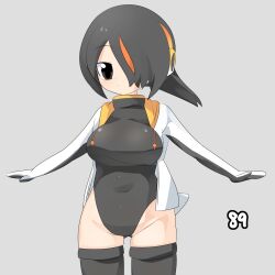 Rule 34 | 1girl, a-pose, black hair, black one-piece swimsuit, black thighhighs, blush, breasts, closed mouth, commentary request, covered navel, cowboy shot, emperor penguin (kemono friends), expressionless, grey background, hair between eyes, hair over one eye, headphones, highres, jacket, kemono friends, large breasts, lets0020, long bangs, looking at viewer, multicolored hair, numbered, one-piece swimsuit, orange hair, palette swap, short hair, simple background, solo, streaked hair, swimsuit, thighhighs, white jacket