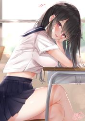 Rule 34 | 1girl, black hair, black skirt, breast rest, breasts, chair, crossed legs, desk, earrings, head on hand, highres, indoors, jewelry, large breasts, long hair, looking at viewer, neco meito, original, pleated skirt, red eyes, sailor collar, school desk, shirt, short sleeves, signature, sitting, skirt, smile, thighs, white shirt, window