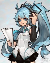 Rule 34 | 1girl, blue eyes, blue hair, cowboy shot, detached sleeves, hatsune miku, headphones, highres, hoaiartworks, holding, long hair, necktie, open mouth, paper, skirt, smile, solo, vocaloid