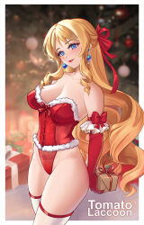Rule 34 | 1girl, alternate costume, artist name, blonde hair, blue eyes, blurry, blurry background, box, breasts, christmas ornaments, christmas tree, collarbone, drill hair, drill sidelocks, drop earrings, earrings, elbow gloves, fur-trimmed leotard, fur trim, genshin impact, gift, gift box, gloves, hair ribbon, highres, holding, holding gift, jewelry, large breasts, leotard, lingerie, long hair, looking at viewer, navia (genshin impact), red gloves, red leotard, red lips, red ribbon, ribbon, sidelocks, smile, solo, standing, strapless, strapless leotard, thighhighs, thighs, tomatolacoon, underwear, white thighhighs