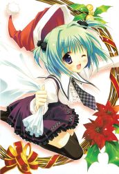Rule 34 | 1girl, ;d, absurdres, black thighhighs, blush, checkered clothes, checkered necktie, checkered neckwear, christmas, flower, green hair, hat, highres, looking at viewer, necktie, one eye closed, open mouth, poinsettia, pom pom (clothes), purple eyes, ryouka (suzuya), santa costume, santa hat, school uniform, serafuku, smile, solo, thighhighs, two side up, wink