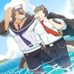 Rule 34 | 2boys, :d, ^ ^, animal ears, bara, blue sky, brown fur, closed eyes, cloud, cloudy sky, dog boy, dog ears, facial hair, feet out of frame, furry, furry male, goatee, grin, hand on own head, happy, highres, jacket, jacket over shoulder, unworn jacket, jewelry, large pectorals, live a hero, male focus, male protagonist (live a hero), mallards, mature male, multiple boys, muscular, muscular male, necktie, open mouth, pants, pectoral cleavage, pectorals, pendant, pubraseer (live a hero), red necktie, sailor, sailor collar, short hair, sky, smile, thick eyebrows, two-tone fur, wading, walking, yaoi