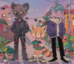 Rule 34 | 1girl, 2boys, aggressive retsuko, animal ears, architecture, blue eyes, blush, brown eyes, building, casual, cerealnei, chain, cloud, concrete, donkey, fang, fence, flag, furry, furry female, furry male, green eyes, haida (aggretsuko), holding, hyena, jacket, leather, leather jacket, long sleeves, looking at viewer, multiple boys, palm tree, pastel colors, patch, plant, pole, power lines, punk, red panda, retsuko, sanrio, sharp teeth, shirt, shoes, skirt, sneakers, socks, t-shirt, tadano (aggretsuko), tail, teeth, torn clothes, tree, writing, zipper