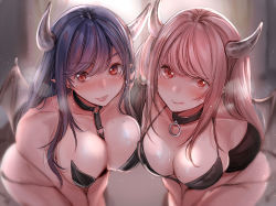 Rule 34 | 2girls, :q, amane ruri, bikini, black bikini, blush, breasts, cleavage, collar, demon girl, demon tail, demon wings, horns, large breasts, leaning forward, long hair, looking at viewer, mole, mole on breast, mole under eye, mole under mouth, multiple girls, original, pink hair, pointy ears, purple hair, red eyes, revealing clothes, sidelocks, smile, sweat, swimsuit, tail, take your pick, tongue, tongue out, wings