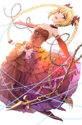 Rule 34 | 1girl, :d, bare shoulders, blonde hair, bow, braid, breasts, chain, choker, cleavage, darwin&#039;s game, dress, elbow gloves, fang, frilled dress, frills, full body, gloves, hair bow, highres, layered dress, leaning back, long dress, long hair, looking at viewer, official art, open mouth, outstretched arms, pantyhose, red bow, red dress, red eyes, red gloves, red pantyhose, see-through silhouette, shoes, shuka (darwin&#039;s game), small breasts, smile, solo, spread arms, strapless, strapless dress, takahata yuki, twin braids, twintails, very long hair