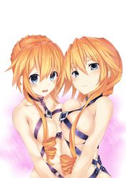 Rule 34 | 10s, 2girls, absurdres, aria (schwarza97rw0rd), asymmetrical docking, blue eyes, blush, braid, breast press, breasts, cleavage, date a live, drill hair, highres, large breasts, long hair, looking at viewer, medium breasts, multiple girls, navel, open mouth, orange hair, revealing clothes, siblings, sisters, smile, transparent background, twins, yamai kaguya, yamai yuzuru