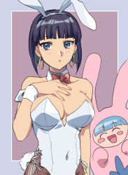 Rule 34 | 1girl, 1other, :d, ^ ^, animal ears, backs (undead unluck), blue eyes, blunt bangs, border, bow, bowtie, breasts, brown pantyhose, cleavage, closed eyes, collarbone, cosplay, covered navel, detached collar, earrings, fake animal ears, grey border, hairband, highres, jewelry, kigurumi, large breasts, latla mirah, leotard, looking at viewer, open mouth, pantyhose, parted lips, playboy bunny, purple background, purple hair, rabbit ears, red bow, red bowtie, short hair, sketch, smile, soso (sosoming), strapless, strapless leotard, undead unluck, white hairband, white leotard, wing collar, wrist cuffs