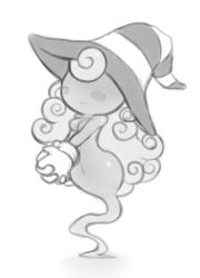 Rule 34 | 1girl, blush stickers, breasts, curly hair, ghost, ghost tail, gloves, greyscale, hat, long hair, mario (series), mato spectoru, monochrome, nintendo, no eyes, no humans, no nipples, own hands clasped, own hands together, paper mario, paper mario: the thousand year door, small breasts, smile, vivian (paper mario)