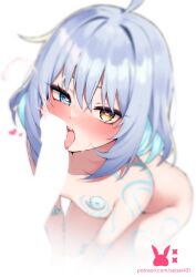 Rule 34 | 1boy, 1girl, ahoge, blue eyes, blue hair, blush, cum, facial, fellatio, heart, heart-shaped pupils, heterochromia, highres, indie virtual youtuber, licking, licking penis, light blue hair, looking at viewer, medium hair, oral, paid reward available, penis, sayu sincronisity, sayu sincronisity (1st costume), seion, short hair, symbol-shaped pupils, tattoo, tongue, tongue out, virtual youtuber, yellow eyes