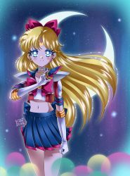 Rule 34 | 1girl, aino minako, bishoujo senshi sailor moon, blonde hair, blue eyes, bow, closed mouth, closed mouth smile, cure nico, earrings, gloves, highres, jewelry, magical girl, moon, night, red bow, sailor v, short sleeves, skirt, sky, smile, star (sky), starry sky