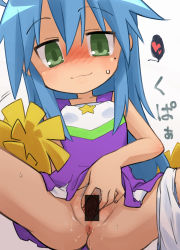 Rule 34 | 1girl, :3, absurdres, anus, bad id, bad pixiv id, blue hair, blush, breasts, censored, clitoris, covered erect nipples, female pubic hair, green eyes, heart, highres, izumi konata, japanese text, long hair, looking at viewer, lucky star, mole, mole under eye, no nose, ogihara mach, panties around leg, pom pom (cheerleading), pubic hair, pussy, pussy juice, sitting, small breasts, smile, spread legs, spread pussy, star (symbol), sweatdrop