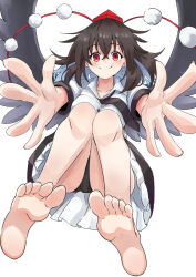 Rule 34 | 1girl, absurdres, bare legs, barefoot, black hair, black necktie, black panties, black skirt, black wings, collared shirt, commentary, feet, foreshortening, hat, highres, looking at viewer, medium hair, necktie, open hands, outstretched arms, outstretched hand, panties, pom pom (clothes), reaching, reaching towards viewer, red eyes, red hat, shameimaru aya, shirt, skirt, smile, soles, solo, spread fingers, toes, tokin hat, touhou, underwear, white background, white shirt, wings, yuuka (a0240765)