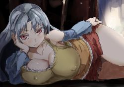 Rule 34 | 1girl, breasts, head rest, cleavage, collarbone, commentary request, detached sleeves, covered erect nipples, fang, fang out, hand on own hip, large breasts, long hair, looking at viewer, lying, miniskirt, on side, red eyes, red skirt, sakata nemuno, silver hair, skirt, thighs, touhou, yohane