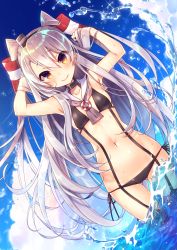 Rule 34 | 10s, 1girl, adapted costume, amatsukaze (kancolle), armpits, arms up, bikini, blue sky, blush, breasts, choker, collarbone, cowboy shot, day, dutch angle, closed eyes, garter straps, gluteal fold, hair between eyes, hair over shoulder, hairband, hat, highres, kantai collection, long hair, looking at viewer, mini hat, navel, orange eyes, outdoors, sailor collar, side-tie bikini bottom, silver hair, sky, small breasts, smile, solo, sparkle, splashing, swimsuit, tahya, thighhighs, two side up, very long hair, wading, water drop, wet