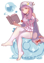 Rule 34 | 1girl, blue ribbon, book, bookshelf, breasts, bubble, crescent, crescent hair ornament, crossed legs, dress, feet, female focus, frilled dress, frilled sleeves, frills, full body, hair ornament, hair ribbon, hat, hat ribbon, highres, jack (darkshero), jacket, large breasts, legs, long hair, panties, patchouli knowledge, pink panties, pink thighhighs, purple eyes, purple hair, red ribbon, ribbon, simple background, sitting, sleeveless, sleeveless dress, solo, striped, thighhighs, toes, touhou, underwear, very long hair