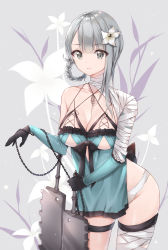 Rule 34 | 1girl, bad id, bad pixiv id, bandages, bare shoulders, black gloves, blue dress, blurry, braid, braided hair rings, breasts, cleavage, closed mouth, cowboy shot, cuna (qunya), depth of field, detached sleeves, dress, expressionless, flower, gloves, grey eyes, groin, hair flower, hair ornament, hair rings, highres, holding, holding weapon, kaine (nier), large breasts, long hair, long sleeves, looking at viewer, nier, nier (series), panties, silver hair, solo, standing, thigh strap, thighs, underwear, weapon, white flower, white panties