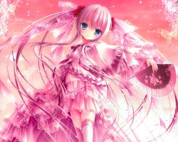 Rule 34 | 1girl, ballerina, blue eyes, bug, butterfly, cherry blossoms, dress, floral print, folding fan, hand fan, highres, insect, japanese clothes, kimono, layered dress, long hair, looking at viewer, panties, pink dress, pink hair, pink panties, pink sky, pink theme, pink thighhighs, see-through, sky, standing, thighhighs, tinker bell (pixiv 10956015), twintails, underwear, zettai ryouiki