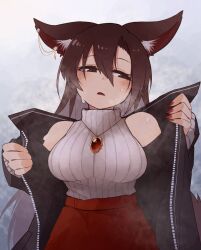 Rule 34 | 1girl, absurdres, adapted costume, animal ear fluff, animal ears, aran sweater, bare shoulders, black coat, blush, breasts, brown eyes, brown hair, cable knit, coat, ear ornament, fingernails, gradient background, grey background, grey sweater, hair between eyes, hands up, highres, imaizumi kagerou, jewelry, kaginoni, large breasts, long fingernails, long hair, looking to the side, nail polish, necklace, parted lips, red nails, red skirt, removing coat, sharp fingernails, simple background, skirt, sleeveless, sleeveless sweater, sleeveless turtleneck, solo, steam, sweater, touhou, turtleneck, undressing, very long hair, wolf ears