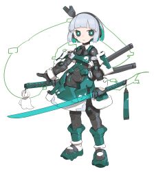 Rule 34 | 1girl, absurdres, black eyes, black ribbon, bob cut, bright pupils, cheri zao, closed mouth, colored inner hair, commentary, expressionless, full body, green eyes, green hair, green vest, grey hair, highres, holding, holding sword, holding weapon, katana, konpaku youmu, konpaku youmu (ghost), looking at viewer, mechanization, multicolored hair, ribbon, robot girl, sheath, short hair, solo, sword, touhou, transparent sword, two-tone hair, vest, weapon, white background, white pupils
