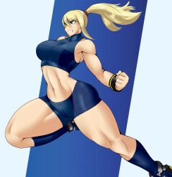 Rule 34 | 1girl, bare shoulders, blonde hair, blue background, blue eyes, boots, breasts, clenched teeth, crop top, hair between eyes, highres, kyelyn, large breasts, long hair, metroid, midriff, mole, mole under mouth, narrow waist, navel, nintendo, samus aran, shorts, sidelocks, solo, teeth, thick thighs, thighs, two-tone background, wristband