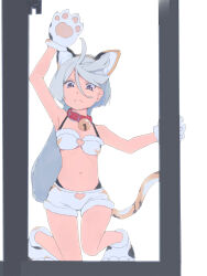 Rule 34 | 1girl, ahoge, akinbo (hyouka fuyou), animal ears, animal hands, arm up, armpits, bell, bra, brown eyes, brown hairband, cat ears, cat tail, closed mouth, collar, fake animal ears, flat chest, frown, fur-trimmed bra, fur-trimmed shorts, fur trim, gloves, grey hair, gundam, gundam suisei no majo, hair between eyes, hairband, highres, long hair, looking at viewer, miorine rembran, navel, neck bell, paw gloves, red collar, short shorts, shorts, solo, tail, underwear, white background, white bra, white shorts