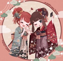 Rule 34 | 2girls, :d, ^ ^, baozi, blue eyes, blue flower, blue kimono, brown hair, closed eyes, commentary request, drooling, floral print, flower, food, hair bun, hair flower, hair ornament, hands up, happy new year, highres, holding, holding food, japanese clothes, kimono, kira (kiratwins), kurosu aroma, long hair, long sleeves, looking at viewer, multiple girls, new year, obi, one eye closed, open mouth, ponytail, pretty series, print kimono, pripara, red hair, red kimono, sash, shiratama mikan, short hair, sidelocks, single hair bun, smile, standing, wide sleeves