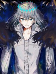 Rule 34 | 1boy, alternate hair color, arthropod boy, black hair, blue eyes, bug, butterfly, cape, collared shirt, commentary request, crown, diamond hairband, fate/grand order, fate (series), fur collar, fur trim, highres, insect, kasudegomenna, long sleeves, looking at viewer, male focus, medium hair, no wings, oberon (fate), oberon (third ascension) (fate), official alternate costume, shirt, solo, spoilers, white shirt