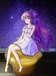 Rule 34 | 10s, 1girl, absurdres, barefoot, food, gradient background, hair ribbon, highres, jewelry, long hair, pendant, photo background, pudding, purple eyes, purple hair, ribbon, ryuugajou nanana, ryuugajou nanana no maizoukin, sitting, sky, smile, solo, spoon, star (sky), starry sky, very long hair