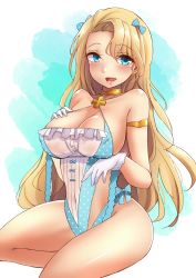 Rule 34 | 10s, 1girl, azur lane, bare shoulders, blonde hair, blue eyes, blush, bow, bracelet, breasts, cleavage, collar, covered navel, earrings, emile bertin (azur lane), emile bertin (cote d&#039;azur) (azur lane), eyes visible through hair, gloves, hair bow, hair ornament, halterneck, hand on own chest, highres, jewelry, large breasts, long hair, looking at viewer, mistynight, no bra, open mouth, sideboob, sitting, smile, solo, very long hair