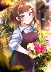 Rule 34 | 1girl, absurdres, apron, black apron, blush, bouquet, brown hair, day, earrings, florist, flower, gradient hair, highres, holding, holding bouquet, jewelry, medium hair, mole, mole under eye, multicolored hair, original, shirt, smile, solo, standing, stud earrings, white shirt, witchdalisweet