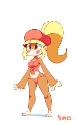 Rule 34 | 1girl, animated, animated gif, ape, artist name, banana, bare shoulders, barefoot, blinking, blonde hair, blue eyes, blush, bouncing breasts, breasts, cameltoe, cleavage, clenched hands, diives, dixie kong, donkey kong (series), donkey kong country, feet, female focus, food, fruit, full body, furry, furry female, hands up, happy, hat, highres, jumping, long hair, medium breasts, navel, nintendo, panties, ponytail, red hat, red panties, red shirt, shirt, signature, simple background, sleeveless, sleeveless shirt, smile, solo, speech bubble, standing, teeth, tied shirt, underwear, white background