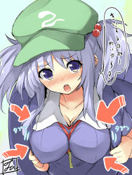 Rule 34 | 1girl, arrow (symbol), backpack, bag, between breasts, blue eyes, blue hair, blush, breasts, cleavage, collarbone, covered erect nipples, green hat, hair bobbles, hair ornament, hat, highres, kawashiro nitori, key, large breasts, looking at viewer, matching hair/eyes, nose blush, open mouth, short sleeves, signature, solo, speech bubble, tirotata, touhou, translation request, twintails, two side up, upper body